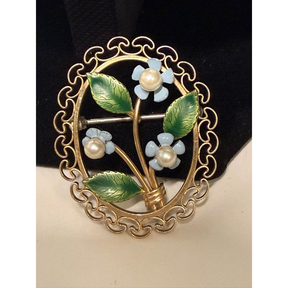 Vintage Krementz Forget Me Not Enamel Pearl Oval Brooch Signed